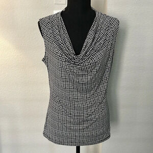 Worthington Sleeveless Blouse Tank Cowl Draped Neck Black White Geo Squares EUC